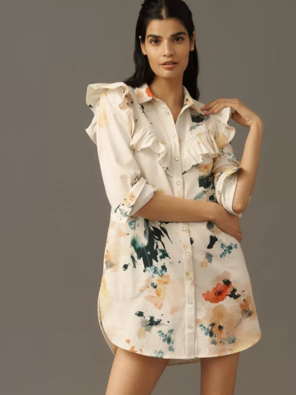 Pilcro Long-Sleeve Ruffled Denim Mini Shirt Dress NWT